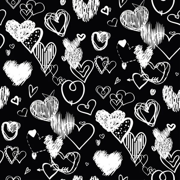心在黑色背景 抽象的表面无缝墙纸 手画的爱情标志 线条艺术 打印横幅 传单和纺织品 — 图库矢量图片