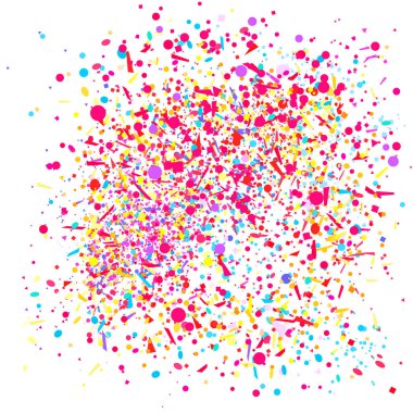 Karmaşık desen beyaz üzerine rastgele geometrik öğelerle. Konfeti ile tatil arka plan. Doku pırıltılar üzerinden. Festival zemin. Afiş, poster, tişört ve Tekstil için yazdırın. Tebrik kartları