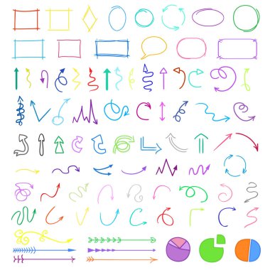Elle çizilmiş Infographic öğeleri üzerinde beyaz. Renkli oklar. Basit semboller. Hat sanatı. Geometrik şekiller kümesi. Soyut göstergeleri. Doodles'ın iş için