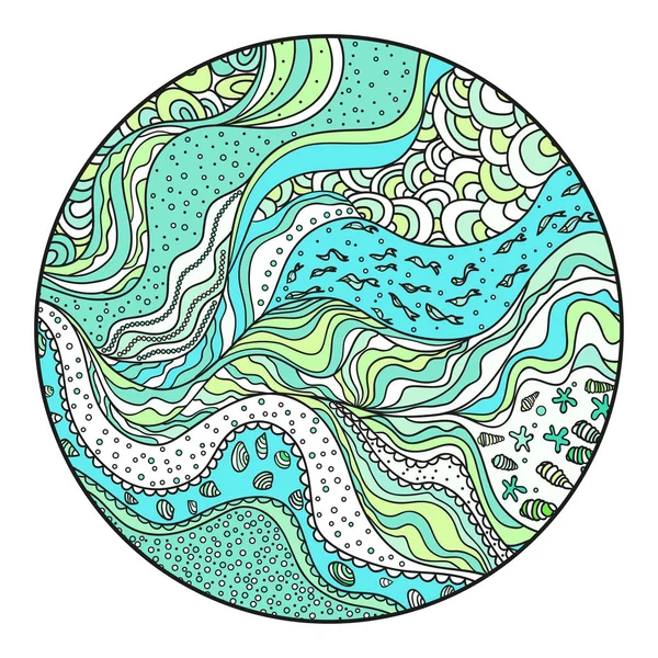 手工绘制的海曼荼罗 自然概念 航海背景 带线和波浪的圆圈图案 着色书 禅宗艺术 成人精神放松设计 — 图库矢量图片