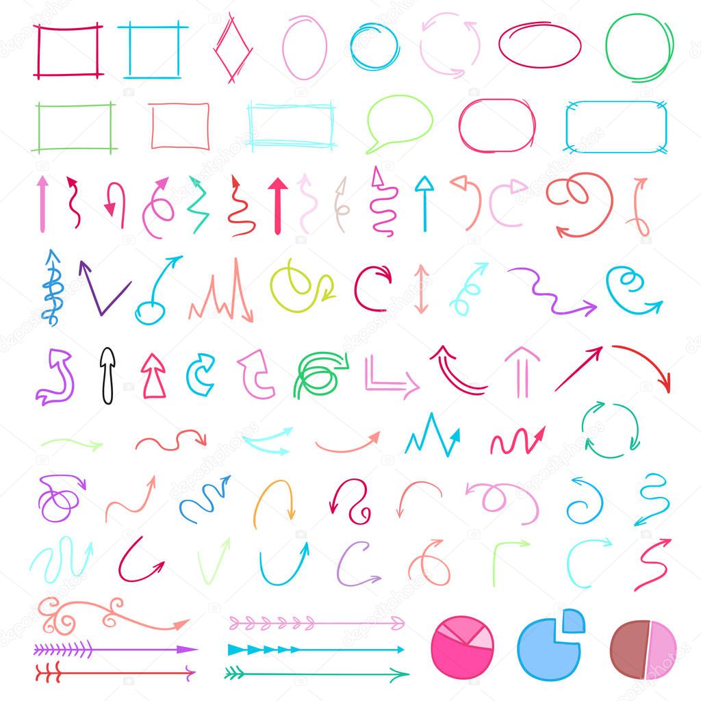 Set of colored infographic elements on isolated background. Big collection of different signs. Hand drawn simple elements. Shapes for inscriptions. Line art. Abstract circles, arrows and frames