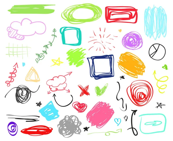 Çok renkli Infographic öğeleri yalıtım arka plan üzerinde. Farklı göstergesi belirtileri ayarlayın. Karışık arka planında. Elle çizilmiş basit nesneler. Hat sanatı. Soyut daireler, oklar ve dikdörtgenler