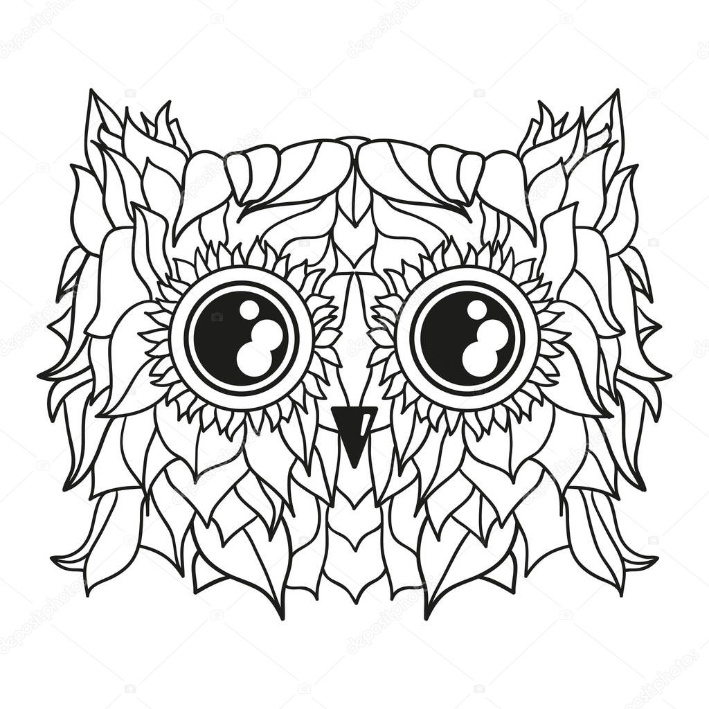 Head of owl. Design Zentangle. Hand drawn bird with abstract patterns on isolation background. Design for spiritual relaxation for adults. Black and white illustration for coloring. Zen art. Doodle
