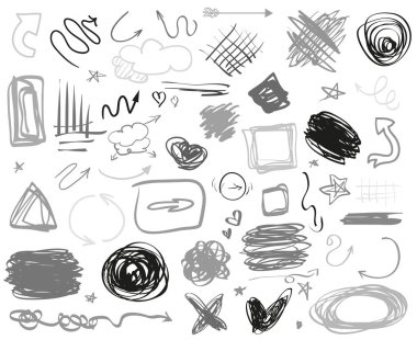 Soyut kaotik daireler, oklar ve dikdörtgen çerçeveler. Tasarım ve çalışma için semboller. Farklı işaretlere büyük kümesi. Elle çizilmiş basit nesneler. Doodles'ın tasarımı için. Hat sanatı. Infographic öğeleri üzerinde beyaz