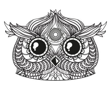 Beyaz baykuş Başkanı. Zen sanat. Zentangle. El kuş soyut desenler ile yalıtım zemin üzerine çekilmiş. Yetişkinler için manevi rahatlama için tasarım. Siyah beyaz resim boyama. Yazdır