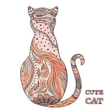 Zen kedi izole beyaz zemin üzerinde. Zentangle. El renkli hayvan desenleri ile çekilmiş. Yetişkinler için manevi rahatlama için tasarım. Basım endüstrisi, poster, tişört ve tekstil baskı