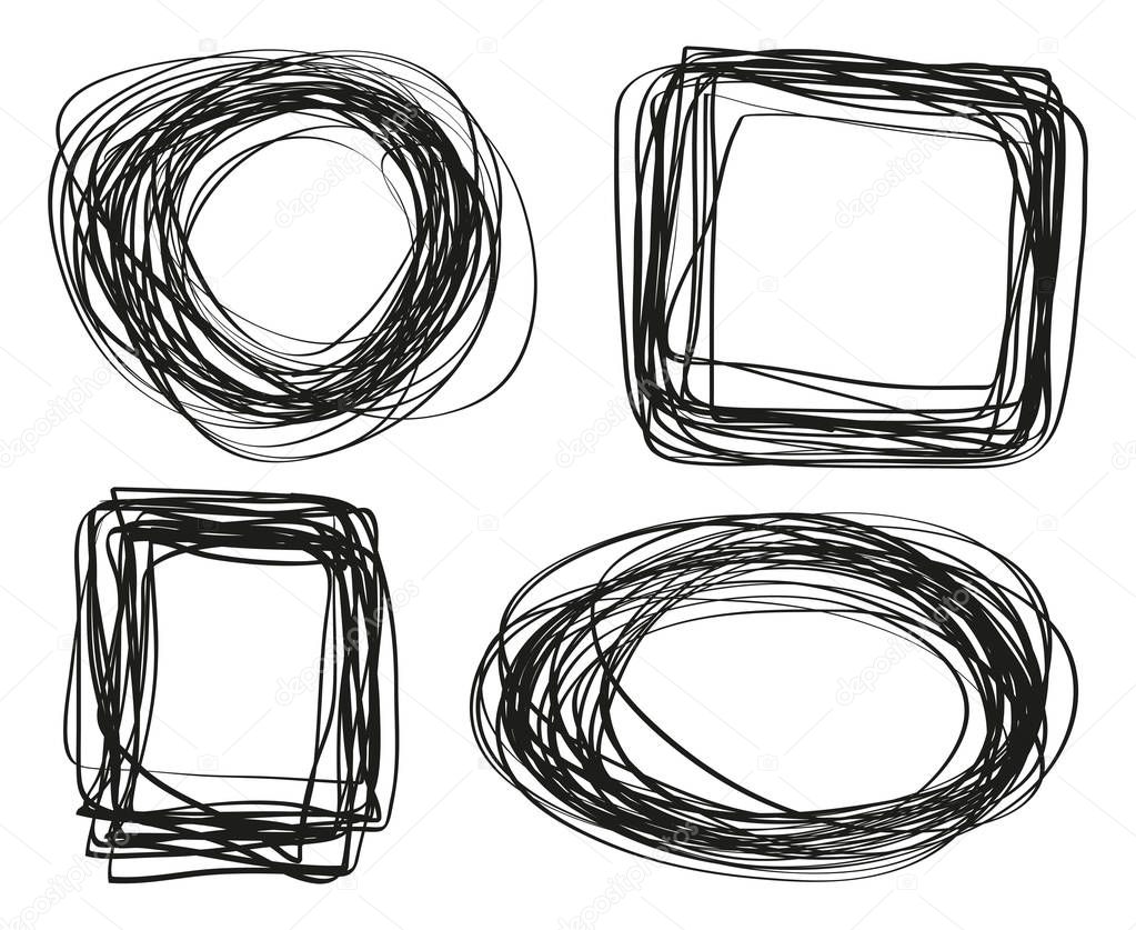 Chaotic geometric frames. Abstract tangled objects. Hand drawn dinamic scrawls. Black and white illustration. Backgrounds with stripes. Art creation. Sketchy doodles for work