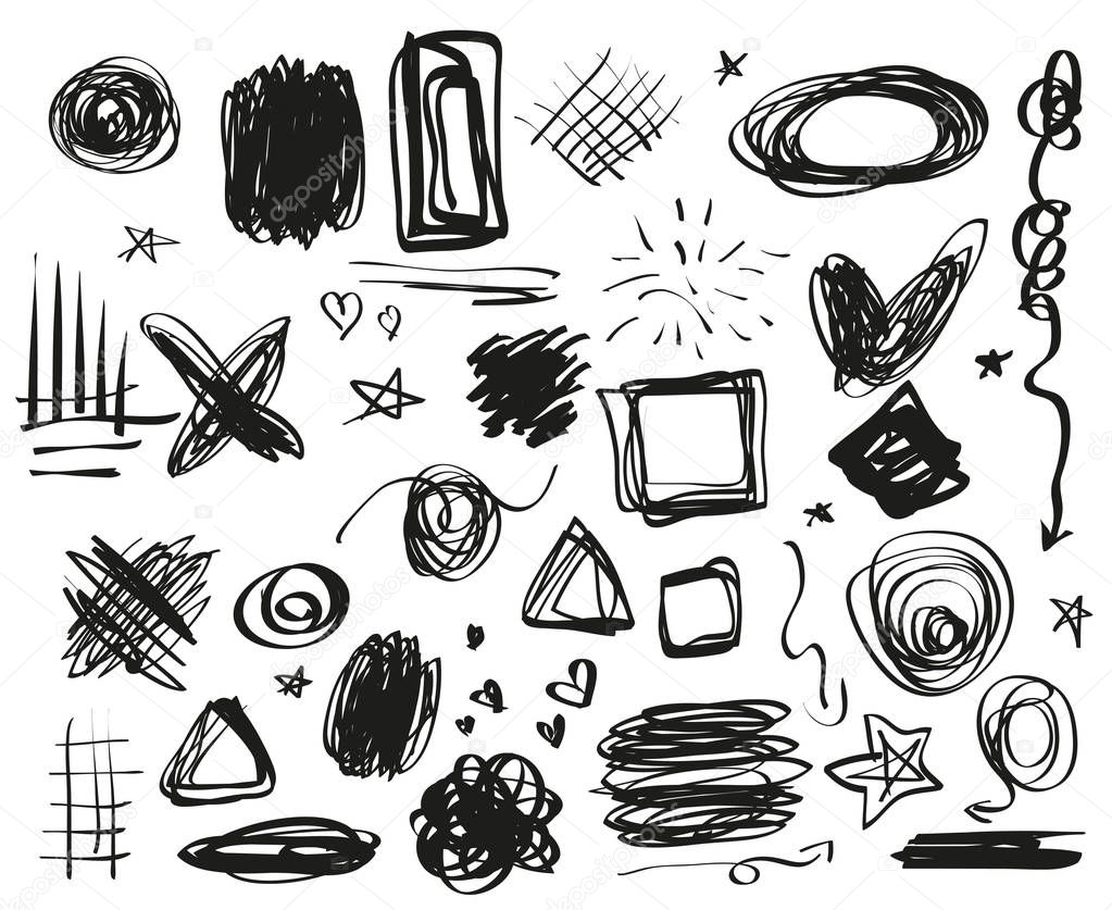Grunge signs. Infographic elements on isolated background. Big set on white. Hand drawn simple symbols. Doodles for design. Line art. Abstract circles, arrows and rectangle frames
