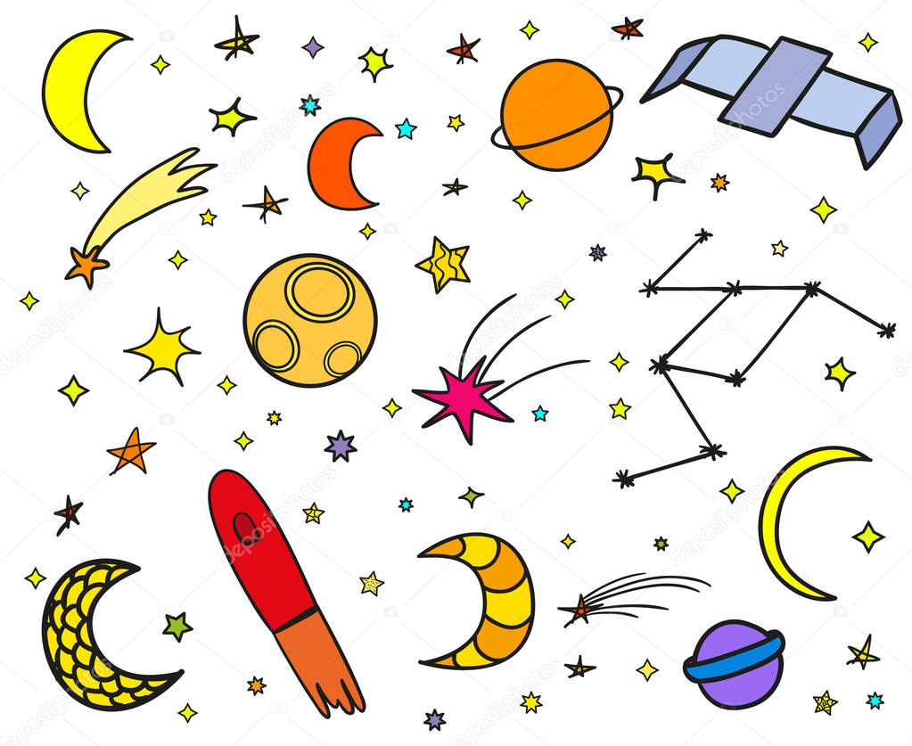 Cosmos elements on white background. Collection. Colorful doodles for design. Hand drawn simple space symbols. Line art. Set of different astronomical signs. Art creation