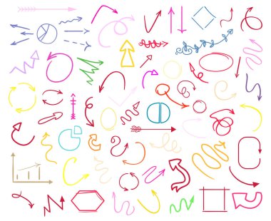 Çok renkli Infographic öğeleri üzerinde beyaz izole. Farklı göstergesi belirtileri ayarlayın. Karışık arka planında. Elle çizilmiş basit nesneler. Hat sanatı. Soyut daireler, oklar ve dikdörtgenler. İş için semboller