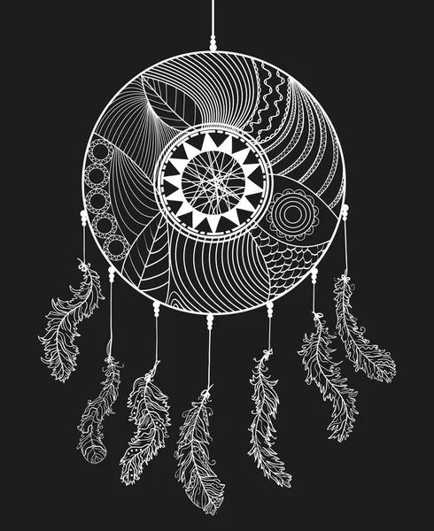 Witte Dromenvanger Hand Getekend Zwarte Achtergrond Zentangle Veren Abstracte Mystic — Stockvector