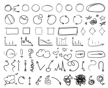 Infographic öğeleri yalıtım arka plan üzerinde. Oklar topluluğu. Elle çizilmiş basit ok. Hat sanatı. Farklı işaretlere kümesi. Doodles'ın iş için. Sanat yaratma. Siyah beyaz resim