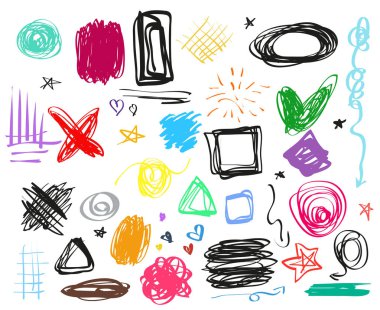 El grunge işaretleri çekilmiş. Infographic unsurlar izole arka plan üzerinde. Beyaz büyük sette. Basit karışık sembolleri. Doodles'ın tasarımı için. Hat sanatı. Yarım yamalak soyut daire, oval ve dikdörtgen çerçeveler