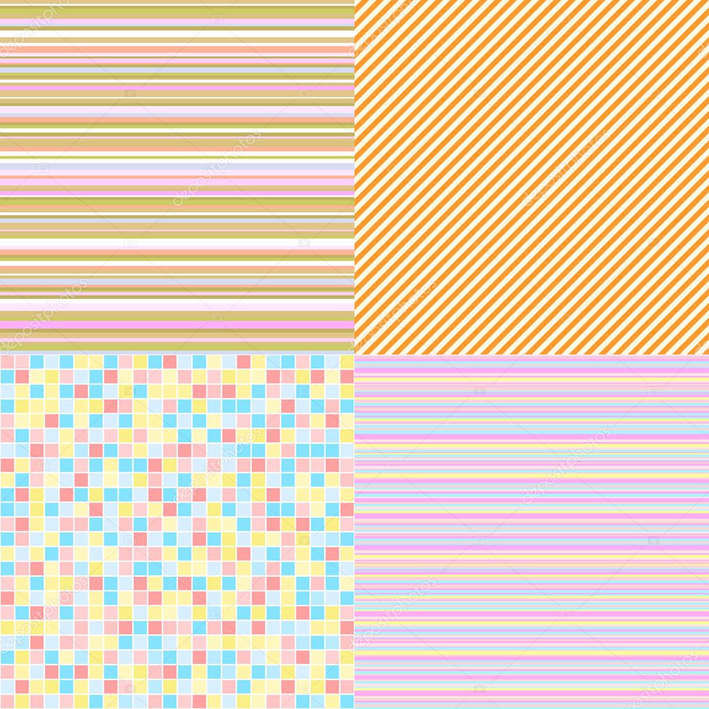 Set of seamless colored patterns with lines. Light colors. Abstract geometric wallpaper of the surface. Striped backgrounds. Print for polygraphy, posters, t-shirts and textiles. Doodle for work