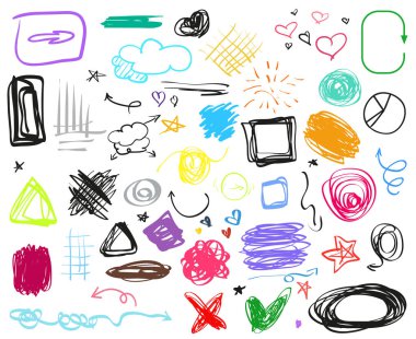 Infographic öğeleri yalıtım arka plan üzerinde. Farklı işaretlere büyük kümesi. Elle çizilmiş basit öğeler. Vurgulayıcılar tasarımı için. Hat sanatı. Soyut daireler, oklar ve dikdörtgen çerçeveler. Doodles'ın iş için