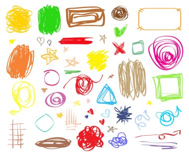 El grunge işaretleri çekilmiş. Infographic unsurlar izole arka plan üzerinde. Beyaz büyük sette. Basit karışık sembolleri. Doodles'ın tasarımı için. Hat sanatı. Yarım yamalak soyut daire, oval ve dikdörtgen çerçeveler