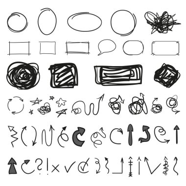 Infographic unsurlar izole arka plan üzerinde. Beyaz büyük sette. El karışık sembolleri çizilmiş. Doodles'ın tasarım ve işletme için. Grunge işaretler. Hat sanatı. Soyut oklar, daire, elips ve dikdörtgen çerçeve
