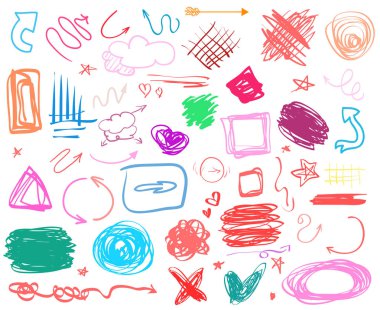 Elle çizilmiş Infographic öğeleri üzerinde beyaz. Farklı renkli oklar. Hat sanatı. Karışık şekiller. Basit işaretler kümesi. Daire, elips ve dikdörtgen çerçeve soyut. İş ve iş için yarım yamalak karalamalar