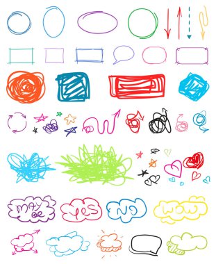 Çok renkli Infographic öğeleri yalıtım arka plan üzerinde. Farklı göstergesi belirtileri ayarlayın. Karışık arka planında. Elle çizilmiş basit nesneler. Hat sanatı. Soyut daireler, oklar ve dikdörtgenler