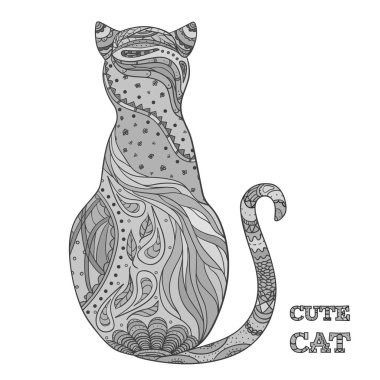 Beyaz kedi. Zentangle. El karmaşık desenleri ile kedi izole arka plan üzerinde çekilmiş. Yetişkinler için manevi rahatlama için tasarım. Zen sanat. Afiş, poster, tişört ve Tekstil için doodle