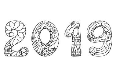 Mutlu yeni yıl 2019. El soyut desenler sayılarla yalıtım zemin üzerine çekilmiş. Yetişkinler için manevi rahatlama için tasarım. Hat sanatı. Beyaz üzerine karmaşık sembolleri. Tebrik kartları. Xmas işaretleri