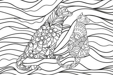 Köpek ve kedi ile dalgalı duvar kağıdı. Zentangle. Elle çizilmiş süsler. Soyut desenler yalıtım zemin üzerine. Yetişkinler için manevi rahatlama için tasarım. Zen sanat. Hat sanat yaratma