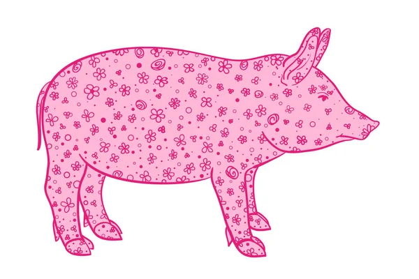 白豚します 禅芸術 Zentangle 孤立した背景に複雑なパターンを持つ動物を描いた 大人のための精神的なリラクゼーションのためのデザイン バナー ポスター シャツ 織物の印刷します — ストックベクタ