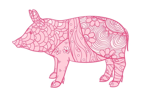 白豚します 禅芸術 Zentangle 孤立した背景に複雑なパターンを持つ動物を描いた 大人のための精神的なリラクゼーションのためのデザイン バナー ポスター シャツ 織物の印刷します — ストックベクタ
