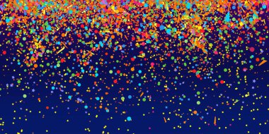 Rasgele geometrik öğelerin şenlikli desenle. Konfeti ile renkli arka plan. Tatil doku pırıltılar üzerinden. Lüks çerçeve. Afiş, poster, tişört ve Tekstil için yazdırın. Tebrik kartları