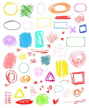 Çok renkli Infographic öğeleri üzerinde beyaz izole. Farklı göstergesi belirtileri ayarlayın. Karışık arka planında. Elle çizilmiş basit nesneler. Hat sanatı. Soyut daireler, oklar ve dikdörtgenler. İş için semboller