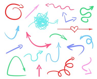 Soyut oklar. Çok renkli Infographic öğeleri üzerinde beyaz. Farklı göstergesi belirtileri ayarlayın. Elle çizilmiş basit nesneler. Hat sanatı. İş için semboller