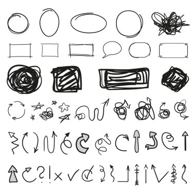 Infographic öğeleri yalıtım arka plan üzerinde. Beyaz okları topluluğu. Elle çizilmiş basit ok. Hat sanatı. Farklı işaretlere kümesi. Doodles'ın iş ve iş için. Sanat yaratma