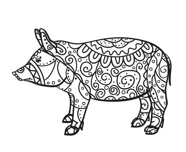 白豚します 禅芸術 Zentangle 孤立した背景に複雑なパターンを持つ動物を描いた 大人のための精神的なリラクゼーションのためのデザイン 黒と白のイラスト チラシの印刷 — ストックベクタ