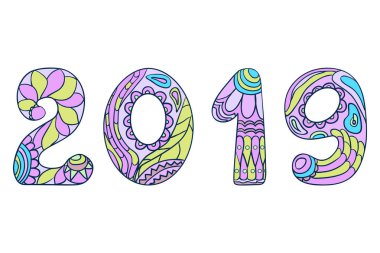 Numaraları 2019. Yeni Yılınız Kutlu Olsun. El işaretleri soyut desenler ile yalıtım zemin üzerine çekilmiş. Yetişkinler için manevi rahatlama için tasarım. Hat sanatı. Beyaz karışık renkli semboller. Tebrik kartları