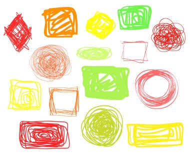 El Infographic elemanları izole beyaz çekilmiş. Farklı renkli karışık şekiller. Basit işaretler kümesi. Daire, elips ve dikdörtgen çerçeve soyut. İş ve iş için yarım yamalak karalamalar