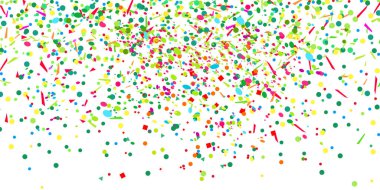 Renkli desen beyaz üzerine geometrik öğelerle. Konfeti ile tatil arka plan. Renkli doku pırıltılar üzerinden. Çerçeve şenlikli. Afiş, poster, tişört ve Tekstil için yazdırın. Tebrik kartları