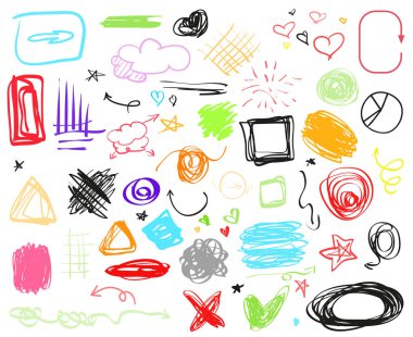 Çok renkli Infographic öğeleri üzerinde beyaz izole. Farklı göstergesi belirtileri ayarlayın. Elle çizilmiş basit nesneler. Sağ ve sol yön işaretçiler. Soyut daireler, oklar ve dikdörtgenler