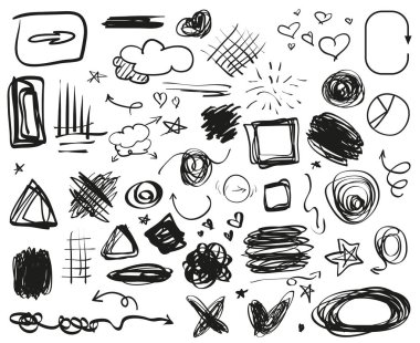 Grunge işaretler. Infographic unsurlar izole arka plan üzerinde. Beyaz büyük sette. Elle çizilmiş basit semboller. Doodles'ın tasarımı için. Hat sanatı. Soyut oklar, daire, kare ve dikdörtgen çerçeve