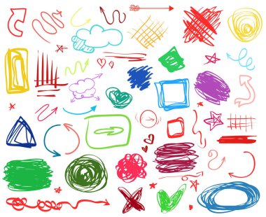 Çok renkli Infographic öğeleri üzerinde beyaz izole. Farklı gösterge işaretleri büyük kümesi. Elle çizilmiş basit nesneler. Sağ ve sol yön işaretçiler. Soyut daireler, oklar ve dikdörtgenler