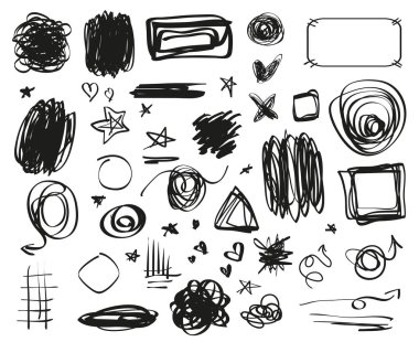 Grunge işaretler. Infographic unsurlar izole arka plan üzerinde. Beyaz büyük sette. Elle çizilmiş basit semboller. Doodles'ın tasarımı için. Hat sanatı. Soyut oklar, daire, kare ve dikdörtgen çerçeve