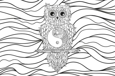 Baykuş. Kuş ile dalgalı duvar kağıdı. Zentangle. Beyaz elle çizilmiş süsler. Soyut desenler izole arka plan üzerinde. Yetişkinler için manevi rahatlama için tasarım. Hat sanatı. Siyah beyaz resim