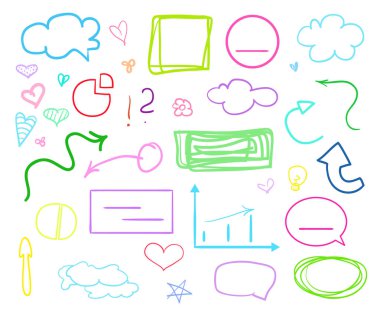 Çok renkli Infographic öğeleri üzerinde beyaz izole. Farklı göstergesi belirtileri ayarlayın. Elle çizilmiş basit nesneler. Sağ ve sol yön işaretçiler. Soyut daireler, oklar ve dikdörtgenler