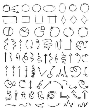 Infographic öğeleri yalıtım arka plan üzerinde. Beyaz okları topluluğu. Elle çizilmiş basit ok. Hat sanatı. Farklı işaretlere kümesi. Doodles'ın iş için. Sanat yaratma