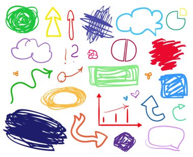 Elle çizilmiş Infographic öğeleri üzerinde beyaz. Farklı renkli oklar. Hat sanatı. Karışık şekiller. Basit işaretler kümesi. Daire, elips ve dikdörtgen çerçeve soyut. İş ve iş için yarım yamalak karalamalar