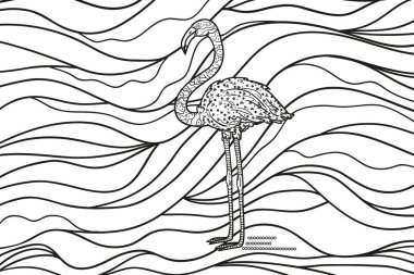 Flamingo dalgalı duvar kağıdı üzerinde. Kuş ile zemin. El yeşillik mandala izole arka plan üzerinde çekilmiş. Yetişkinler için manevi rahatlama için tasarım. Siyah beyaz resim. Vintage tarzı