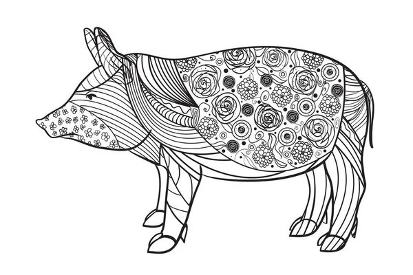 Cerdo Blanco Arte Zen Zentangle Animal Dibujado Mano Con Patrones — Vector de stock