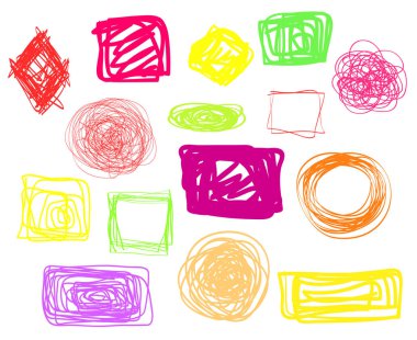 Elle çizilmiş basit kaotik öğeleri üzerinde beyaz. Renkli karalamalar tasarımı için. Hat sanatı. Soyut geometrik şekiller. Infographic sembolleri izole arka plan üzerinde. Farklı işaretlere kümesi. Karışık arka planında