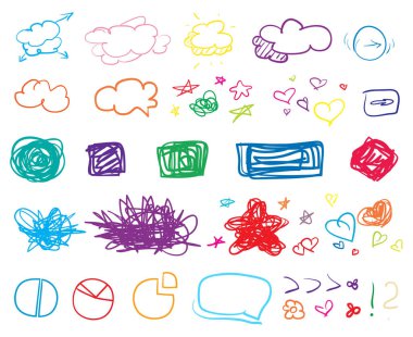 İzole arka plan üzerinde renkli Infographic öğeleri kümesi. Beyaz üzerine farklı işaretlere büyük koleksiyonu. Elle çizilmiş öğeleri. Yazıtlar için şekiller. Hat sanatı. Soyut daireler, kareler ve çerçeveler