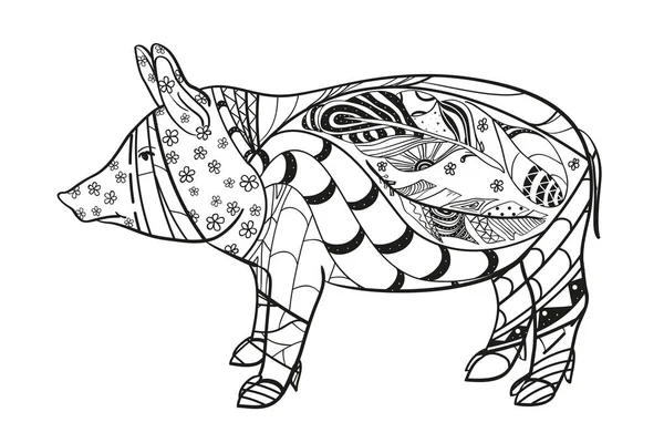 白豚します 禅芸術 Zentangle 孤立した背景に複雑なパターンを持つ動物を描いた 大人のための精神的なリラクゼーションのためのデザイン 着色の黒と白のイラスト — ストックベクタ