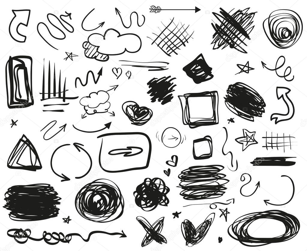 Infographic elements on isolated background. Big set on white. Hand drawn tangled symbols. Doodles for design and business. Grunge signs. Line art. Abstract arrows, circles, ovals and rectangle frames